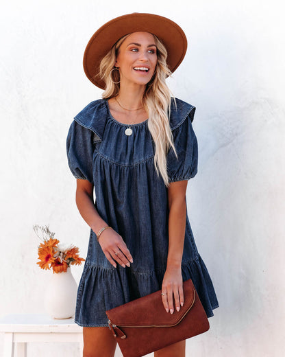 Luis Cotton Puff Sleeve Babydoll Dress - Dark Wash