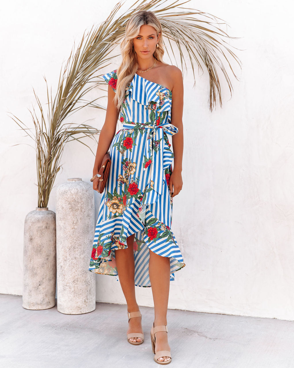 Matador One Shoulder Mixed Print High Low Dress