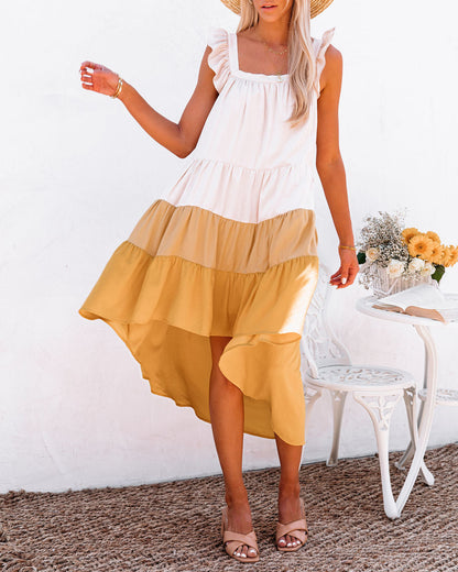 Melody Of Summer Pocketed High Low Tiered Midi Dress - Mustard