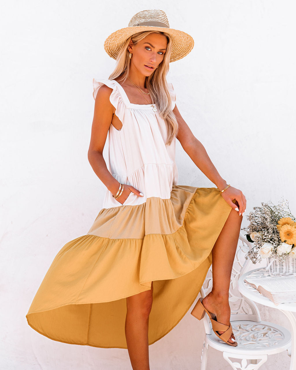 Melody Of Summer Pocketed High Low Tiered Midi Dress - Mustard