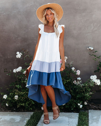 Melody Of Summer Pocketed High Low Tiered Midi Dress - Blue