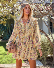 Namira Floral Ruffle Lace Up Dress - Yellow