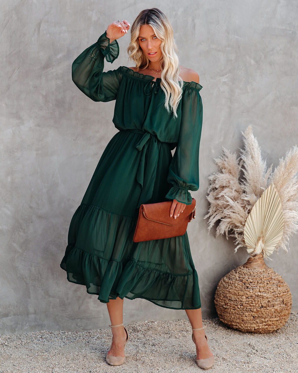 Peacekeeper Off The Shoulder Midi Dress - Hunter Green