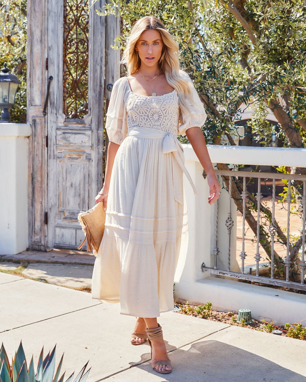 KittenAlarm - Point Loma Crochet Puff Sleeve Midi Dress - Cream