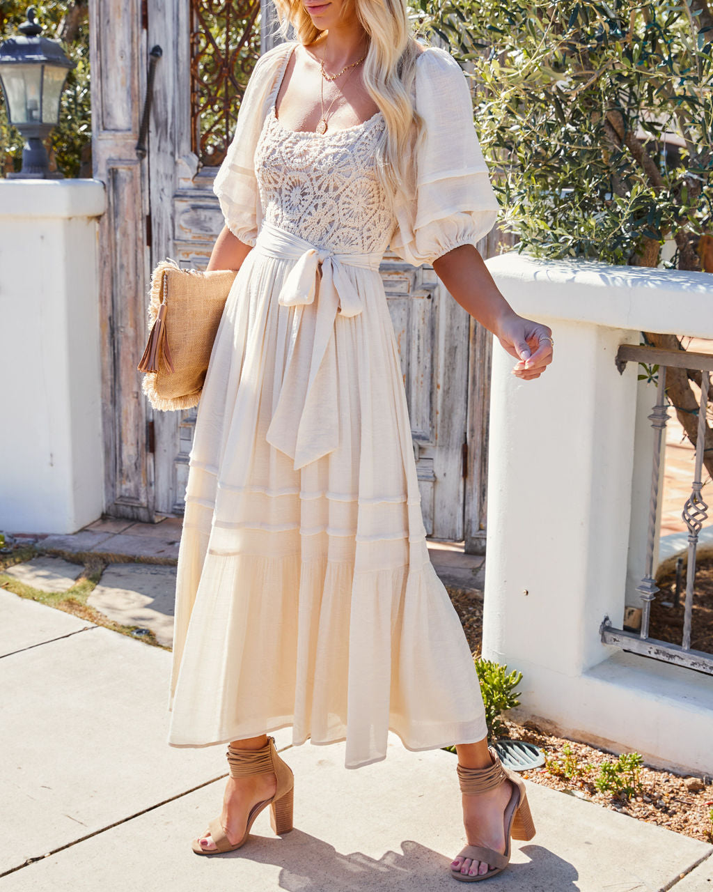 KittenAlarm - Point Loma Crochet Puff Sleeve Midi Dress - Cream