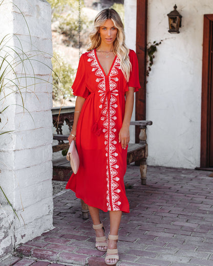 Presidio Embroidered Tassel Midi Dress - Tomato Red