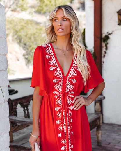 Presidio Embroidered Tassel Midi Dress - Tomato Red