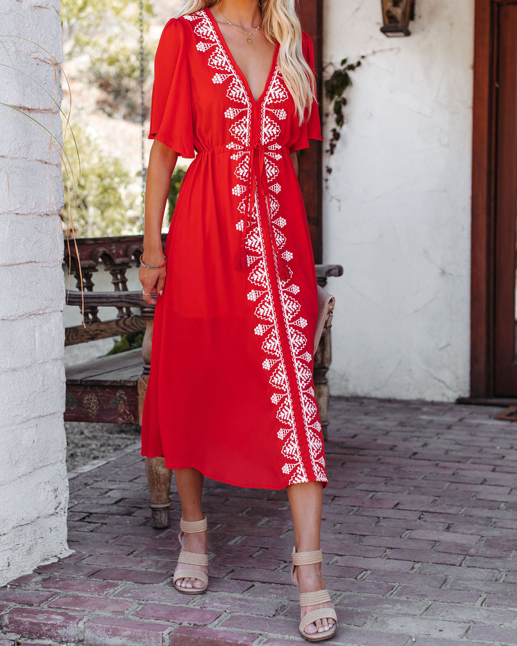 Presidio Embroidered Tassel Midi Dress - Tomato Red