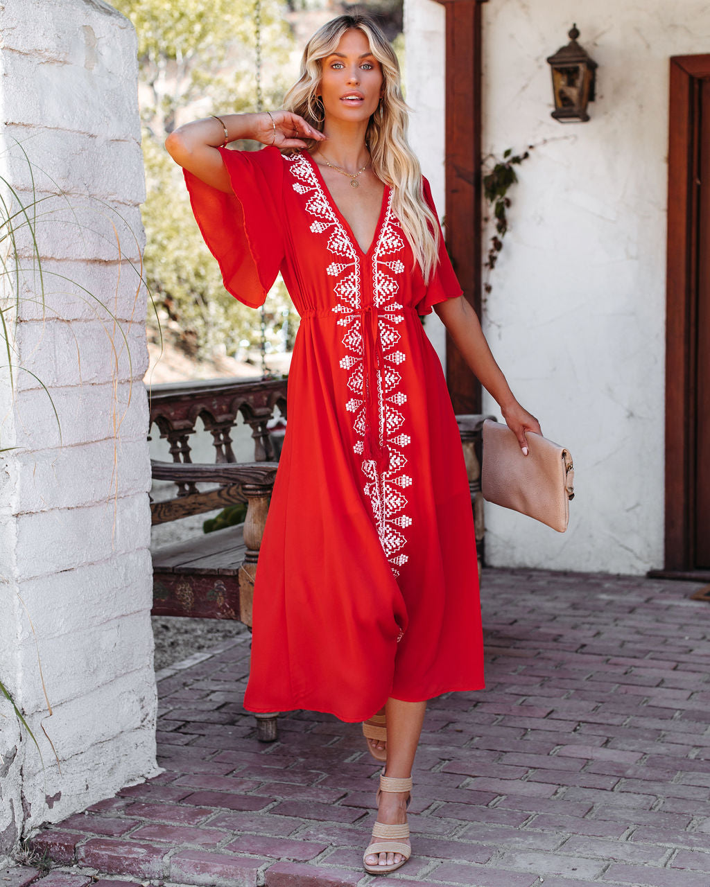 Presidio Embroidered Tassel Midi Dress - Tomato Red