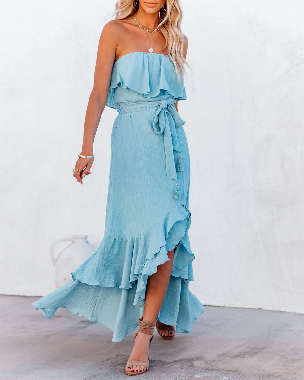 Rosemont Cotton Linen Strapless High Low Maxi Dress - Blue