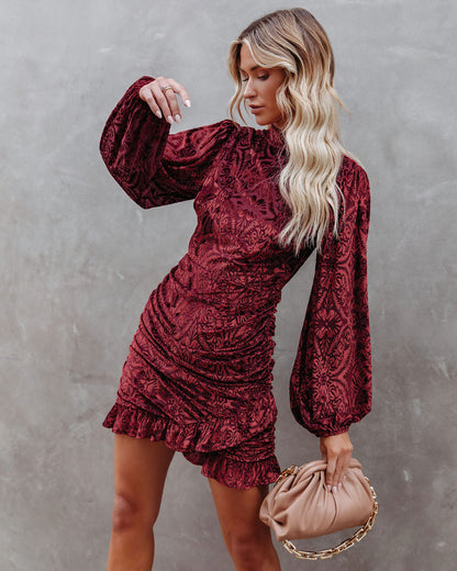 Salem Ruched Velvet Mini Dress - Brick