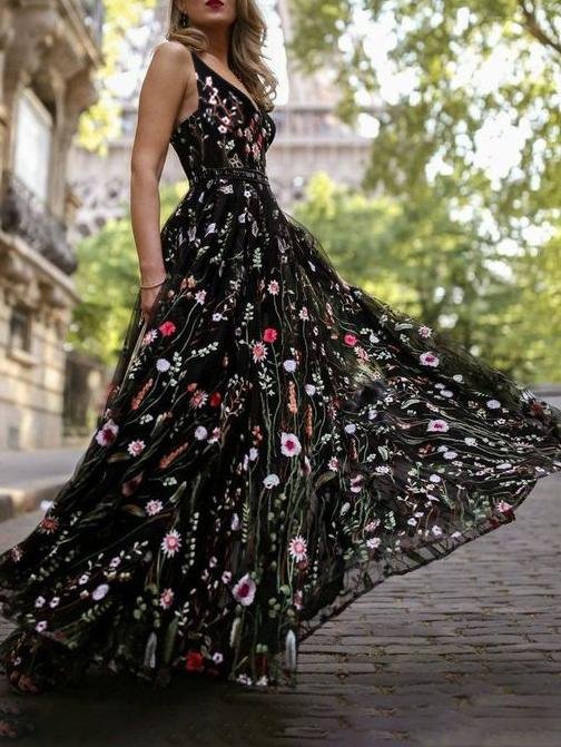 Slim Deep V Neck Sleeveless Embroidered Long Dress