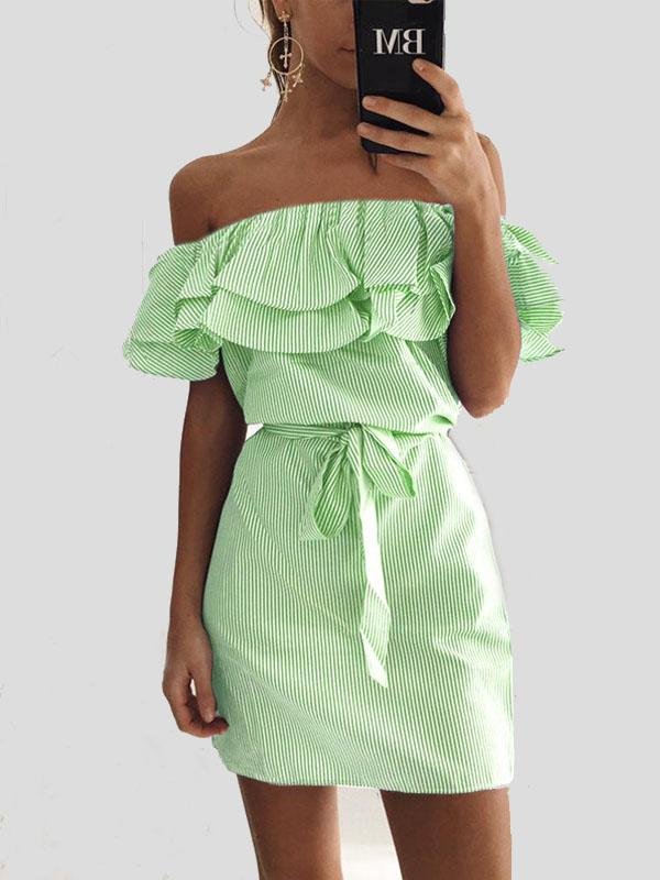 Slim-fit Lace-up Dress With Ruffled Stripes ins