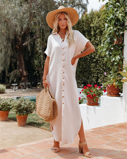 Summertime Cotton Button Down Maxi Dress - Cream