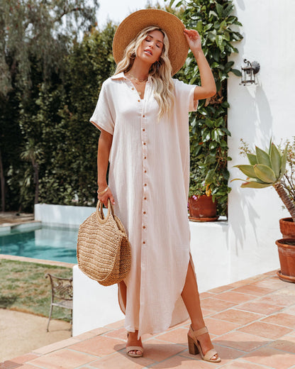 Summertime Cotton Button Down Maxi Dress - Cream