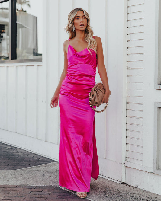 Take Care Satin Cowl Neck Maxi Dress - Fuchsia - FINAL SALE