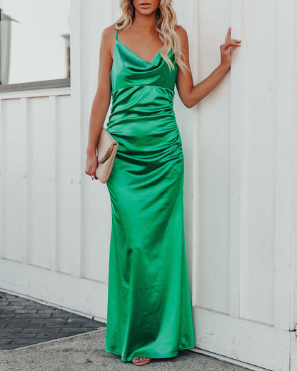 Take Care Satin Cowl Neck Maxi Dress - Green - FINAL SALE