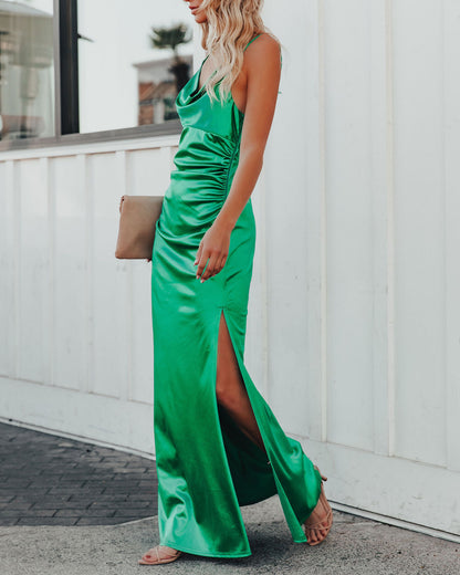 Take Care Satin Cowl Neck Maxi Dress - Green - FINAL SALE