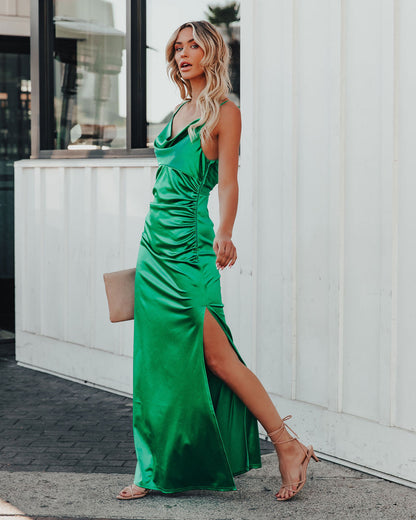 Take Care Satin Cowl Neck Maxi Dress - Green - FINAL SALE