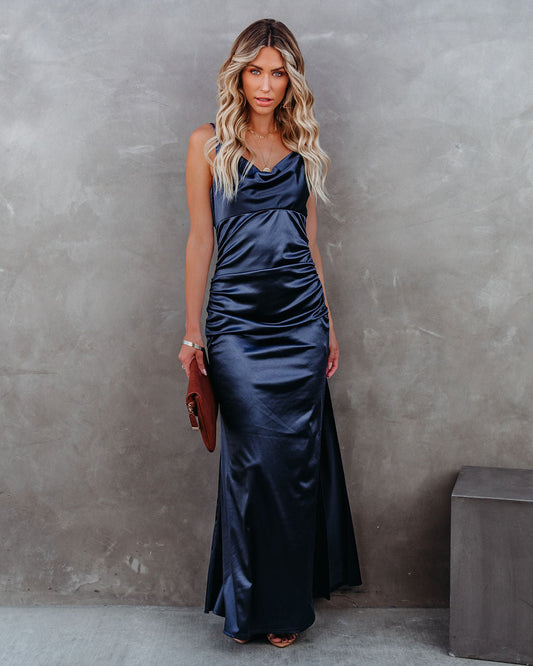 Take Care Satin Cowl Neck Maxi Dress - Navy - FINAL SALE