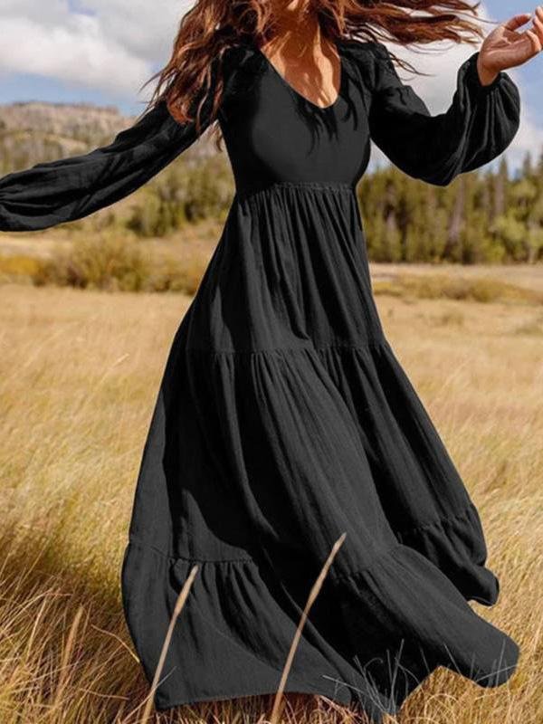 Temperament V-Neck Long Sleeve Flowy Dress ins