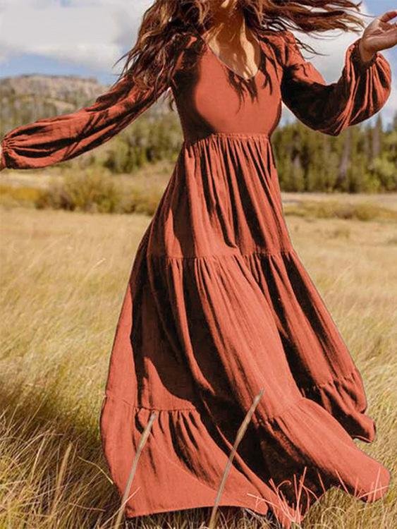 Temperament V-Neck Long Sleeve Flowy Dress ins