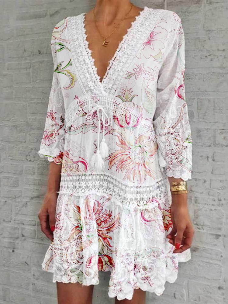 V-Neck Printed Three-Quarter Sleeve Casual Dress Ins Street