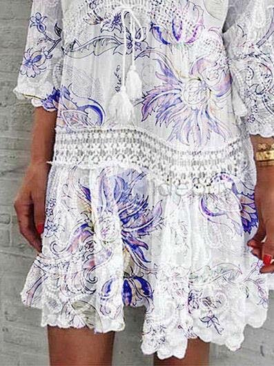 V-Neck Printed Three-Quarter Sleeve Casual Dress