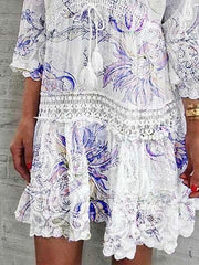 V-Neck Printed Three-Quarter Sleeve Casual Dress