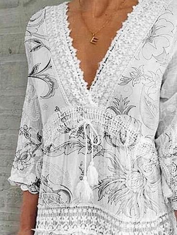 V-Neck Printed Three-Quarter Sleeve Casual Dress