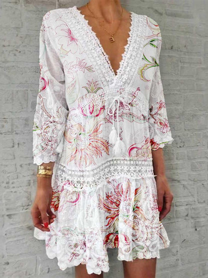 V-Neck Printed Three-Quarter Sleeve Casual Dress