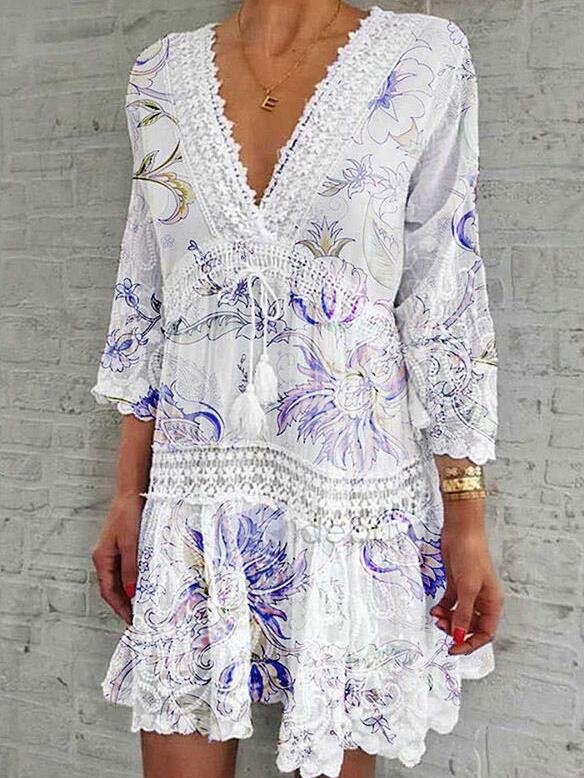 V-Neck Printed Three-Quarter Sleeve Casual Dress Ins Street