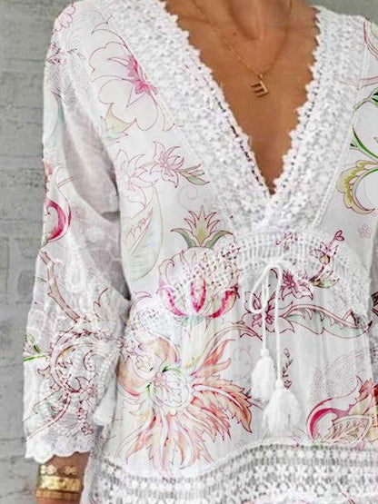 V-Neck Printed Three-Quarter Sleeve Casual Dress