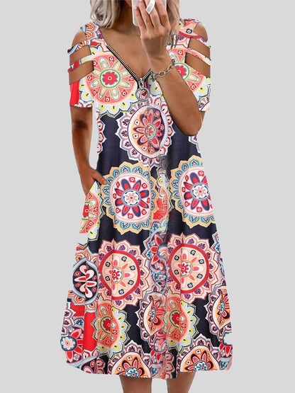 V-neck Printed Zipper Short-sleeved Dress