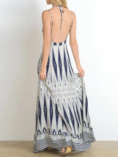 V-neck Retro Print Suspender Long Dress