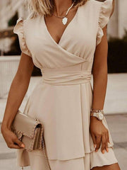V-neck Ruffle Sleeve Solid Color Dress Ins Street