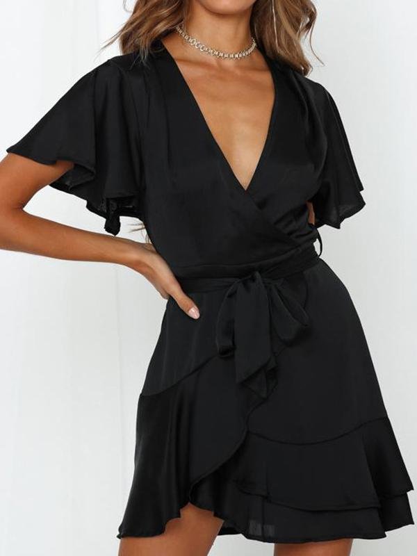 V-neck Ruffled Belt Wrap Mini Dress Ins Street