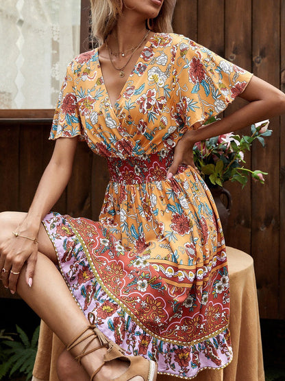 V-Neck Short Sleeve Boho Print Dress