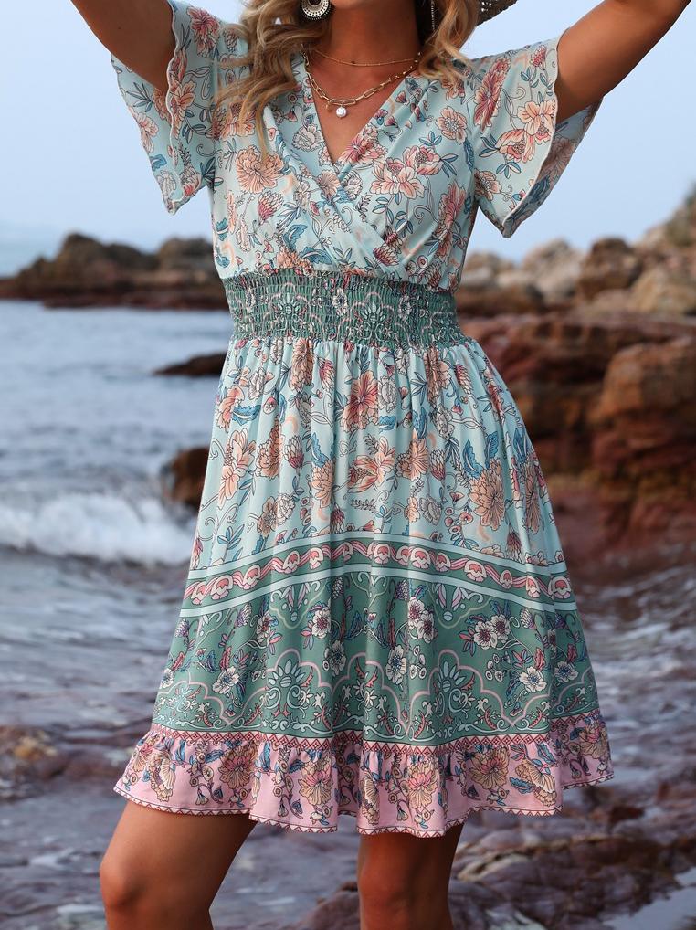 V-Neck Short Sleeve Boho Print Dress