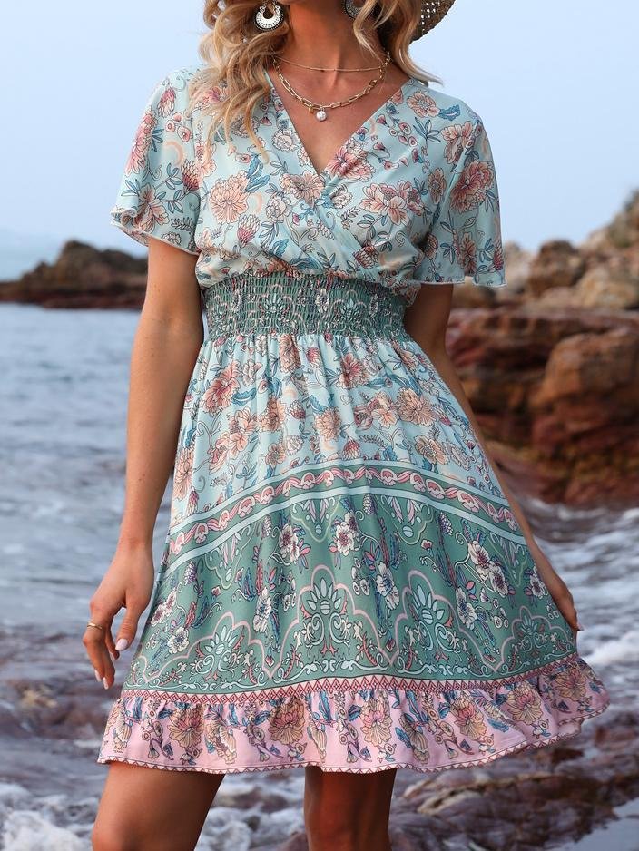 V-Neck Short Sleeve Boho Print Dress Ins Street