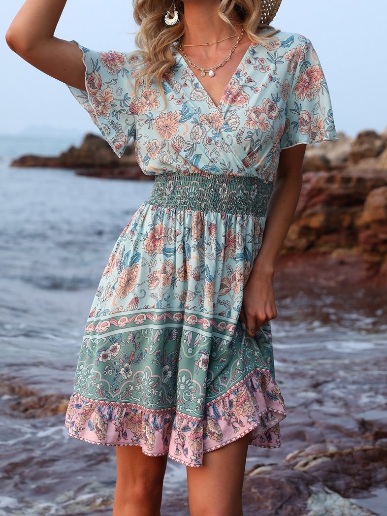 V-Neck Short Sleeve Boho Print Dress