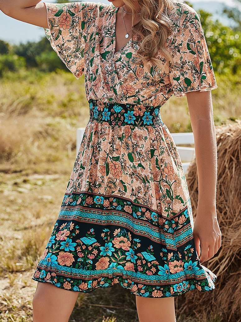 V-Neck Short Sleeve Boho Print Dress