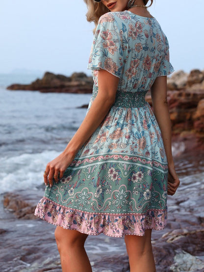 V-Neck Short Sleeve Boho Print Dress