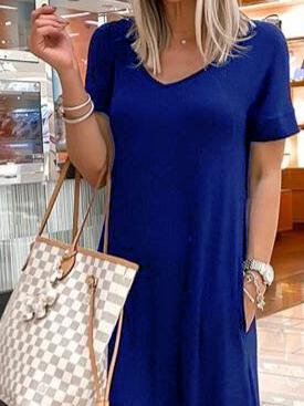 V-Neck Short Sleeve Casual Pocket Dress