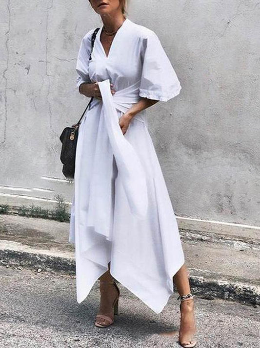 V-Neck Short Sleeve Irregular Maxi Dress Ins Street