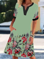 V-Neck Short Sleeve Vintage Print Elegant Dress Ins Street