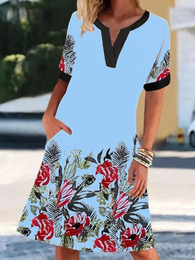 V-Neck Short Sleeve Vintage Print Elegant Dress Ins Street