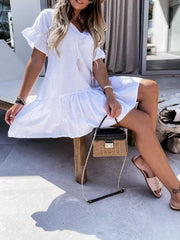 V-neck Short-sleeved Solid Color Short Dress