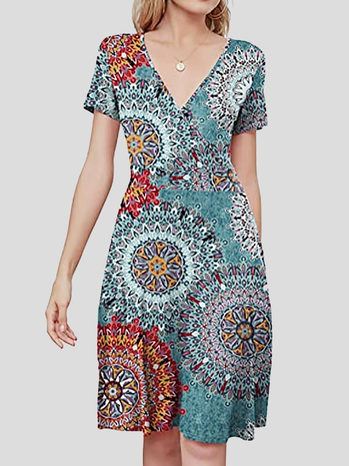 V-neck Short-sleeved Sun Flower Print Dress