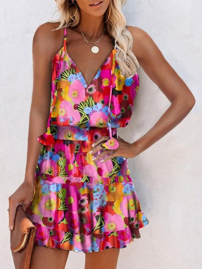 V-Neck Sleeveless Floral Print Suspender Dress Ins Street